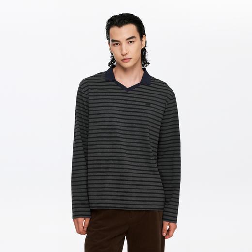 oneup翻领V领条纹弹力长袖 商品图2
