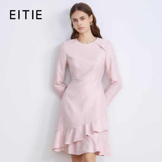 EITIE爱特爱精致粉色粗花呢荷叶裙摆圆领通勤2025秋季新款连衣裙C2507842 商品图0