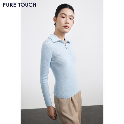 PURE TOUCH浅蓝色翻领半拉链坑条针织衫 商品图3