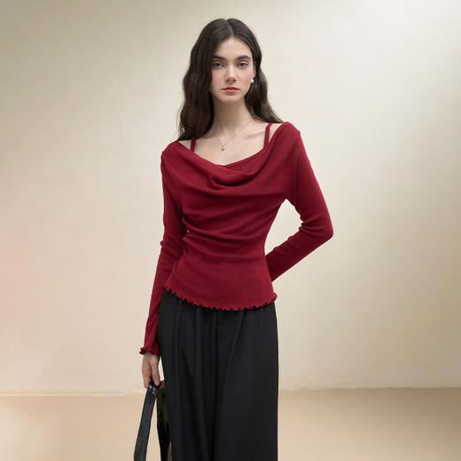 西遇韩系气质荡领假两件长袖针织衫女秋季高级感修身显瘦上衣V3051228 商品图4