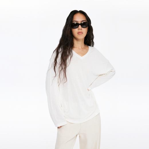 oneup亚麻宽松V领长袖T恤 商品图1