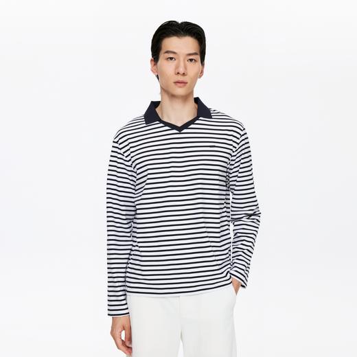 oneup翻领V领条纹弹力长袖 商品图1