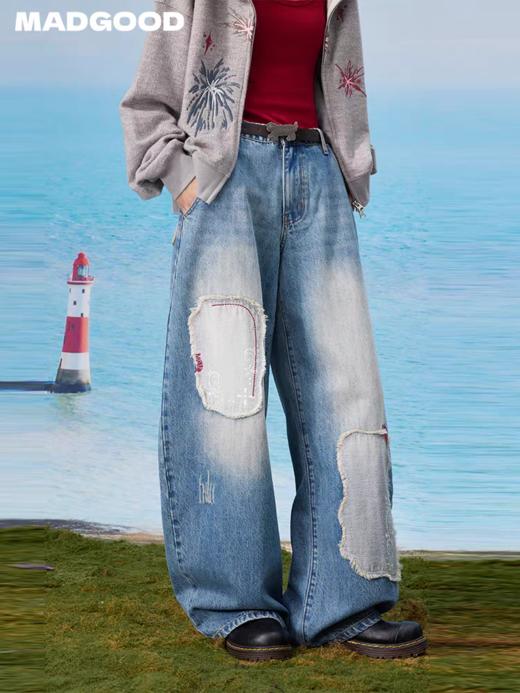 马得工地/MDGDKZ13250/反贴布毛边走线绣花弯刀牛仔裤 商品图1