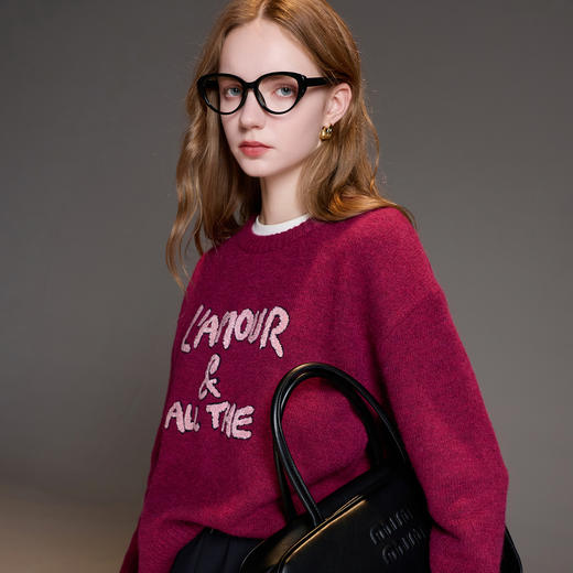 三彩2025冬季新款圆领字母绣花针织衫宽松长袖简约套头衫M 商品图1