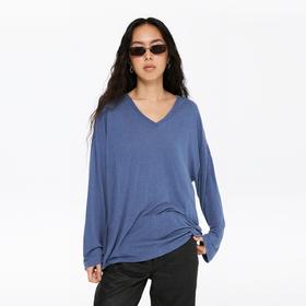 oneup亚麻宽松V领长袖T恤