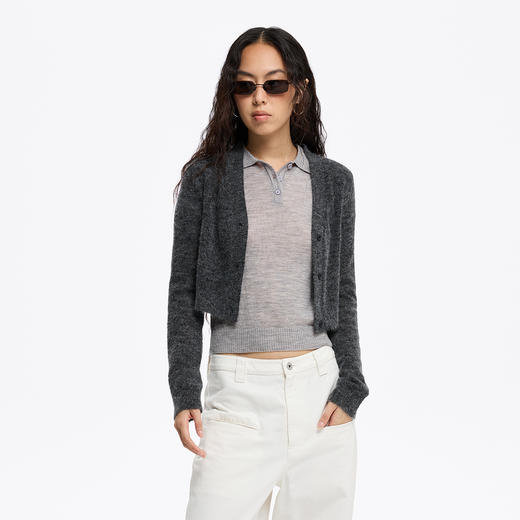 oneup羊驼毛V领短款毛衣开衫 商品图2