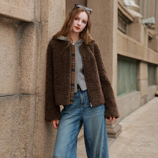 三彩2025冬季新款环保皮草圆领拼接毛毛外套短款休闲M 商品图2