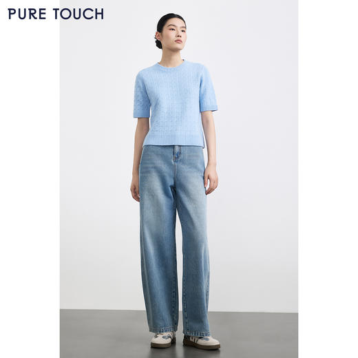 PURE TOUCH浅蓝色圆领绞花短袖针织衫 商品图1