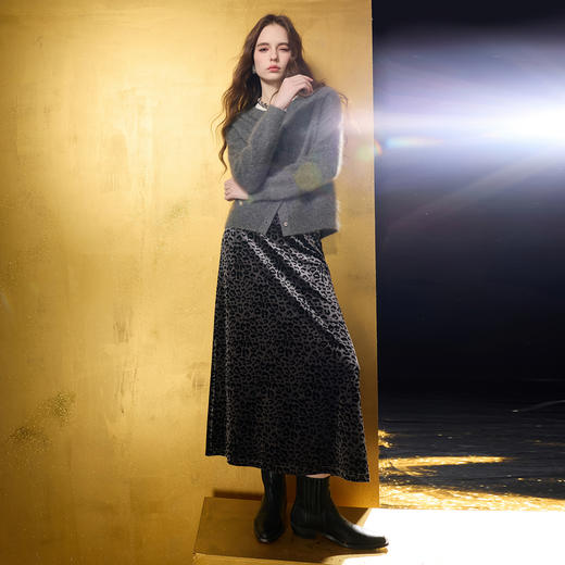 三彩2025冬季新款豹纹半身裙松紧腰A字裙长裙摩登M 商品图3