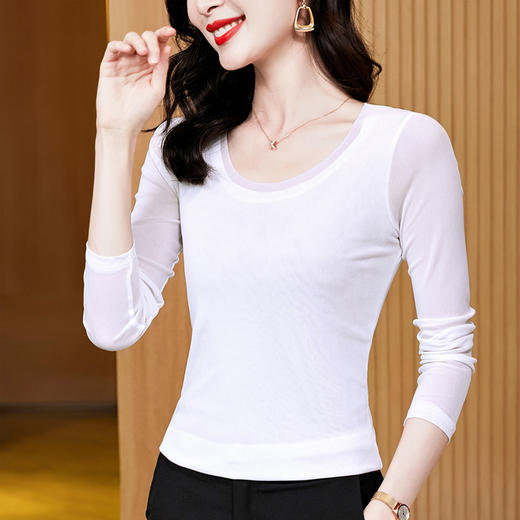KQL E37M2927洋气圆领纯色修身显瘦网纱打底t恤 商品图3