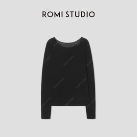 ROMI STUDIO 100%水溶羊毛黑色一字领落肩卷边针织衫 RW24WSD1134