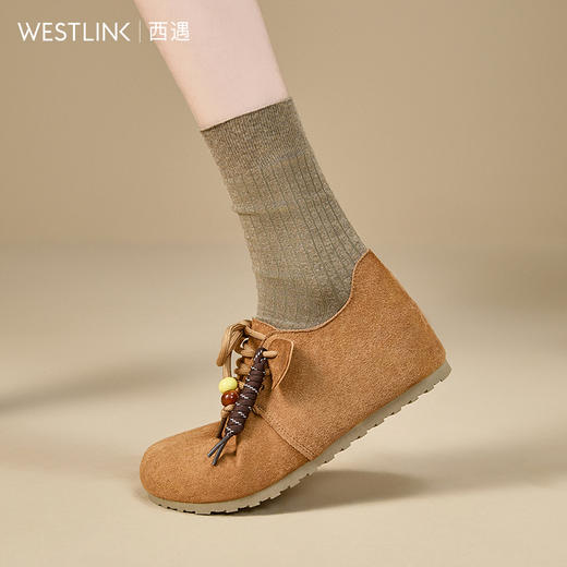 西遇系带勃肯鞋女新款秋季复古丑萌圆头平底乐福鞋软底单鞋K1857053 商品图3