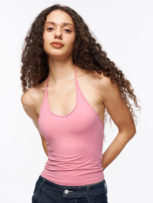 TR她热 蜜桃雾蕾 皮粉色针织镂空设计感两件套挂脖胸垫背心打底衫 商品图4