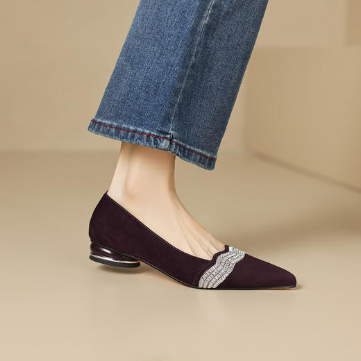 【预售5天】春秋款真皮低跟水钻单鞋尖头浅口磨砂羊皮粗跟时尚一脚蹬女鞋YS&0567 商品图4