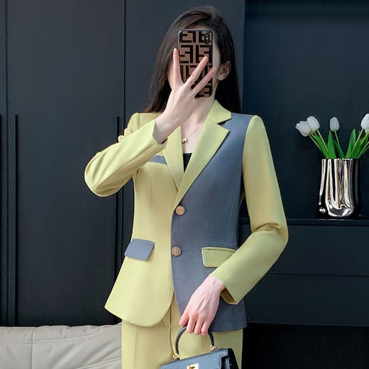 奢姿女装2025新款气质翻驳领职业套装女士灰色拼接时尚西装两件套250082185 商品图4