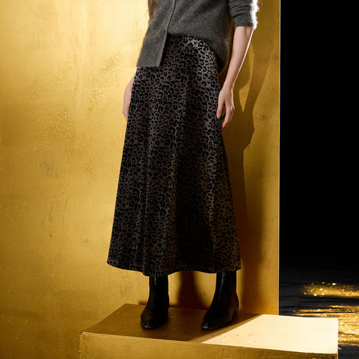 三彩2025冬季新款豹纹半身裙松紧腰A字裙长裙摩登M 商品图1