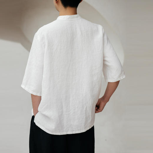 绽放606朵【黑白灰】2025男装汉麻中式精致立领白色中袖直襟小衫 商品图3