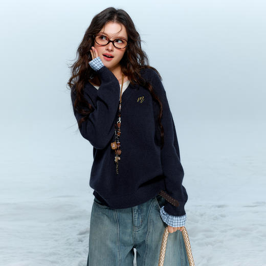 三彩独醒2025冬季新款假两件针织衫长袖简约套头衫上衣宽松F 商品图1