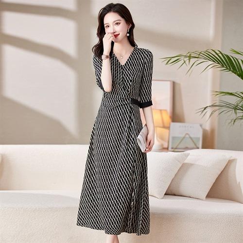 新款V领印花气质收腰显瘦轻熟法式开叉长裙连衣裙HR-SNX2798 商品图4