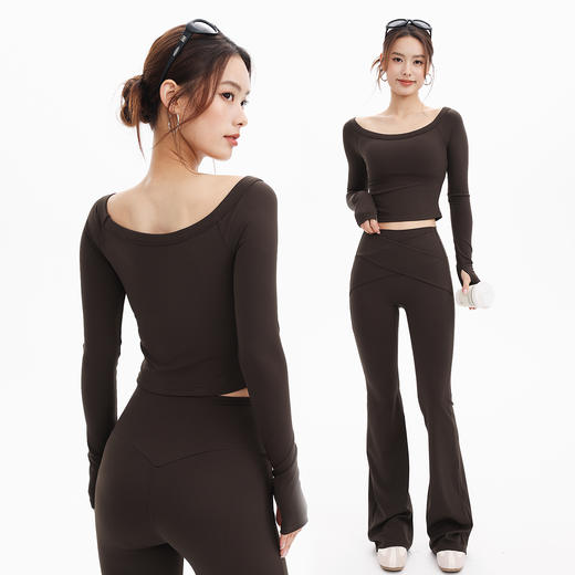 跃牌【禅语梵心】一字领瑜伽服长袖带胸垫跑步速干透气运动文胸健身服上衣CX3325 商品图2