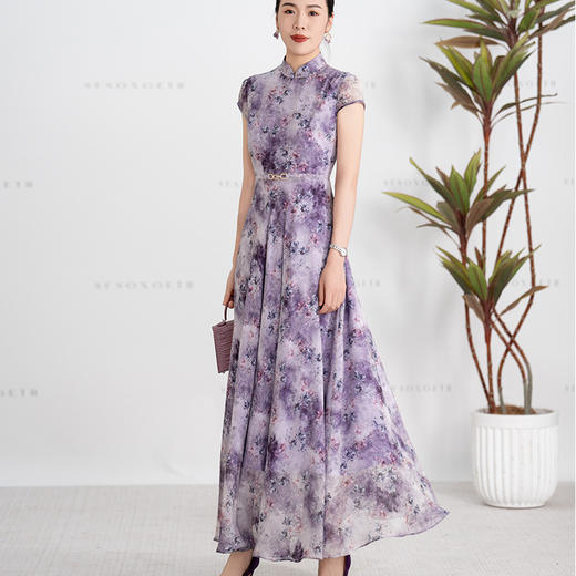 YBY Y500新中式端庄大气紫色印花修身连衣裙 商品图1