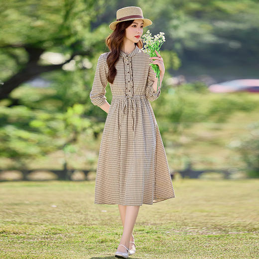 文艺复古格子连衣裙2025秋季新款设计感边系带长袖中长连衣裙HR-SYY2677 商品图2
