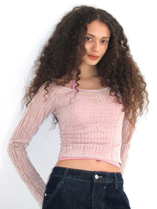 TR她热 蜜桃雾蕾 皮粉色针织镂空设计感两件套挂脖胸垫背心打底衫 商品图2