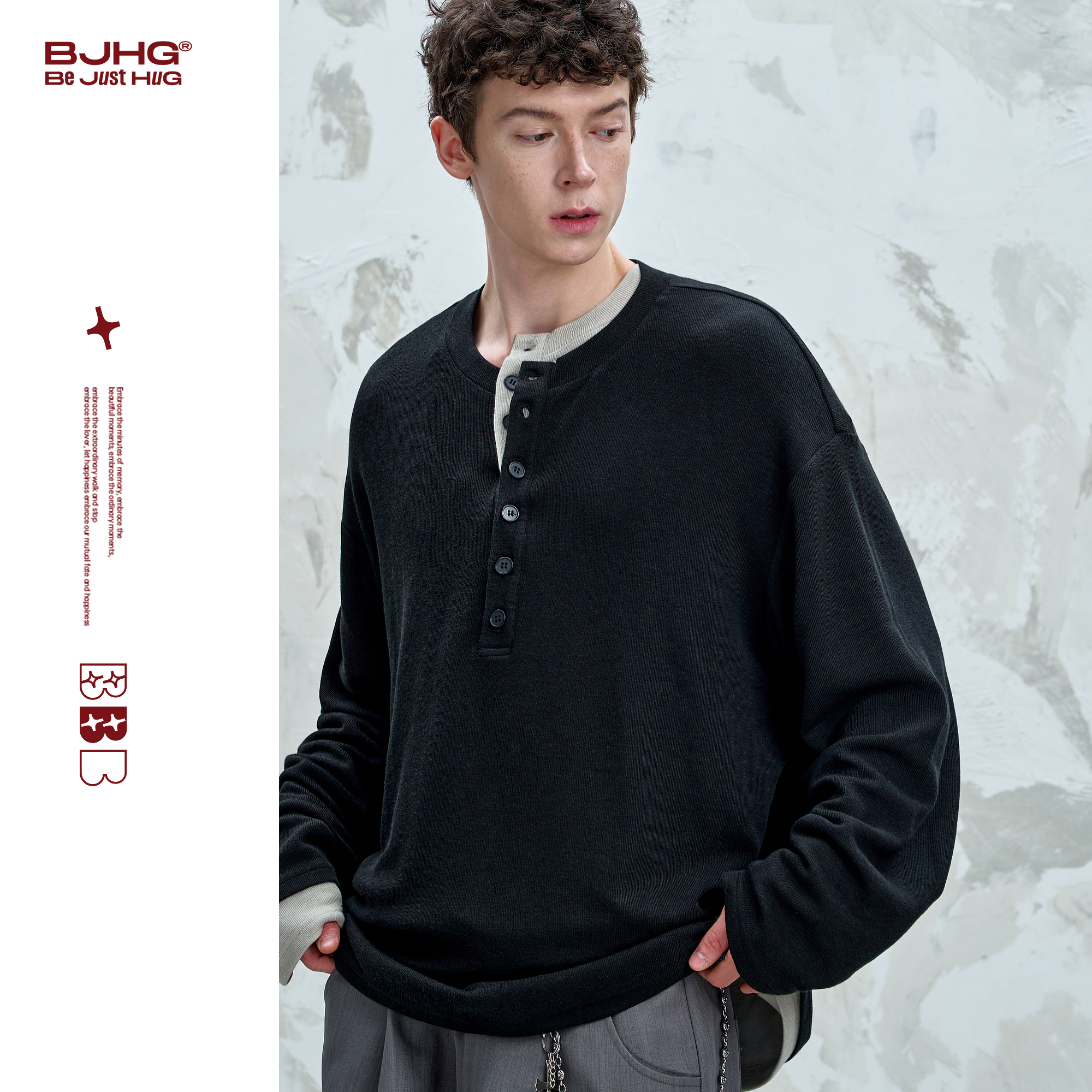 BJHG不计后果 亨利领长袖t恤男款秋季基础打底衫蛇骨羊绒休闲卫衣
