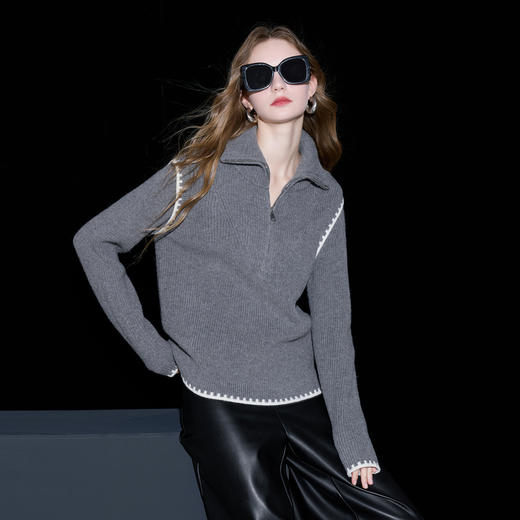 三彩2025冬季新款拉链翻领宽松针织衫长袖套头衫上衣毛衫M 商品图1