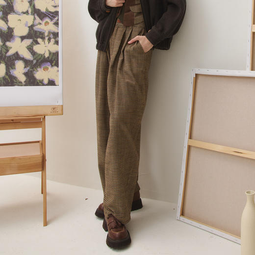 谜底阔腿裤女2025秋新品复古格纹阔腿裤型松紧腰休闲裤253MK1111 商品图1