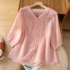 C063-6182 2025夏简约刺绣衬衫女夏季新款休闲五分袖衬衣单排扣V领上衣 商品缩略图2