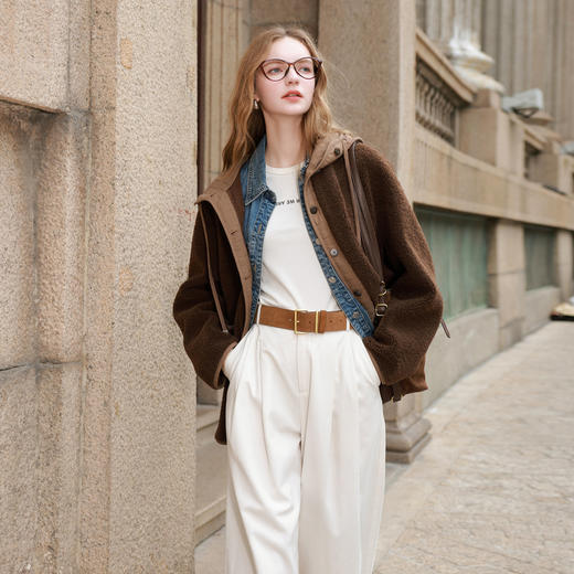 三彩2025冬季新款环保皮草连帽拼接毛毛外套宽松保暖M 商品图2