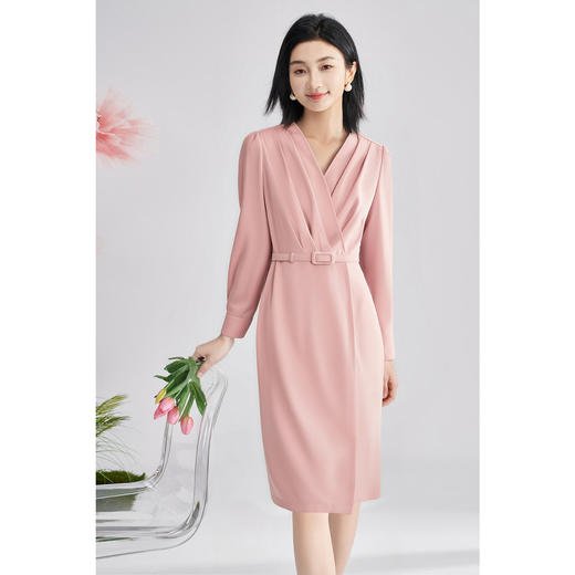 米思阳2026春季新款气质高级感收腰连衣裙v领褶皱修身一步裙0517 商品图6