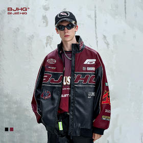 BJHG不计后果美式赛车夹克外套男秋季潮牌复古撞色情侣皮衣外套女
