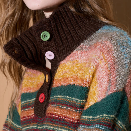 【奶油针织】三彩2025冬季新款条纹提花针织衫宽松长袖立领复古套头毛衫M 商品图2