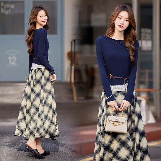 法式复古老钱风套装秋一字领针织拼接长袖上衣格子半身裙两件套HR-ABS25152 商品图1