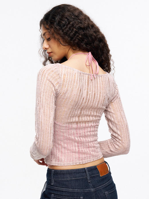 TR她热 蜜桃雾蕾 皮粉色针织镂空设计感两件套挂脖胸垫背心打底衫 商品图1