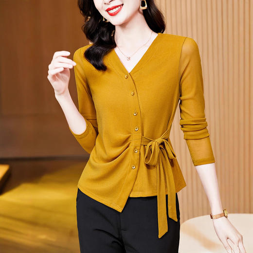 KQL E37M2929气质V领纯色网纱长袖系带网纱打底衫t恤 商品图2