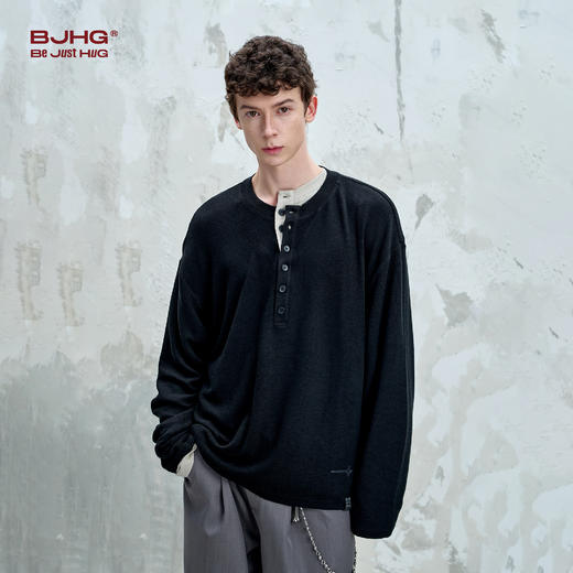 BJHG不计后果 亨利领长袖t恤男款秋季基础打底衫蛇骨羊绒休闲卫衣 商品图2