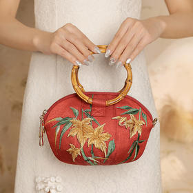 国风包手提斜跨，刺绣南瓜包女包竹节手提包枫叶刺绣QB-秋枫竹青