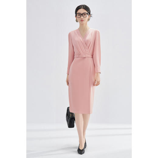 米思阳2026春季新款气质高级感收腰连衣裙v领褶皱修身一步裙0517 商品图2