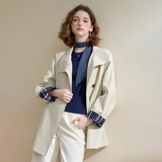 西遇韩版气质撞色拼接翻领风衣外套女秋季宽松显瘦中长款大衣H0051320 商品图4