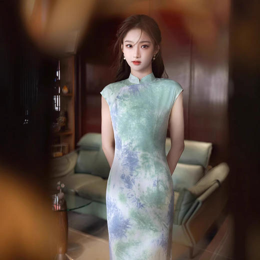 【预售3天】复古风蓝绿晕染文艺风改良长款日常可穿无袖旗袍MZ 商品图3