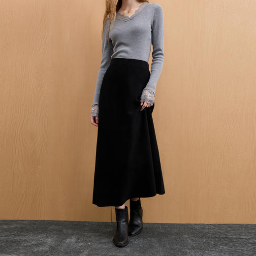 三彩2025冬季新款高腰针织裙半身裙A字裙垂感长裙气质简约M 商品图1