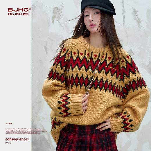 BJHG不计后果撞色圆领毛衣男款秋2025新款宽松百搭插肩袖情侣上衣 商品图2