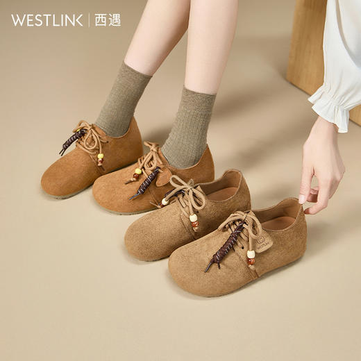 西遇系带勃肯鞋女新款秋季复古丑萌圆头平底乐福鞋软底单鞋K1857053 商品图0