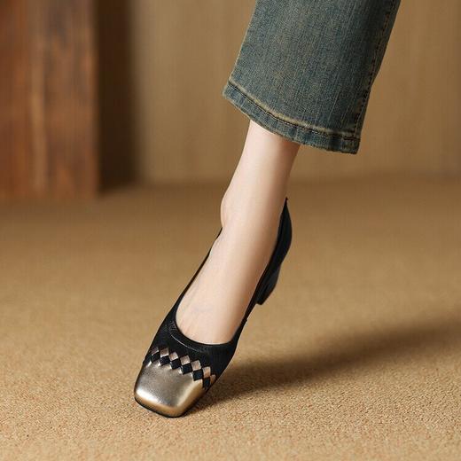 【预售5天】法式复古拼色粗跟方头单鞋女新款软羊皮中跟一脚蹬舒适浅口鞋DPJ&2900 商品图1