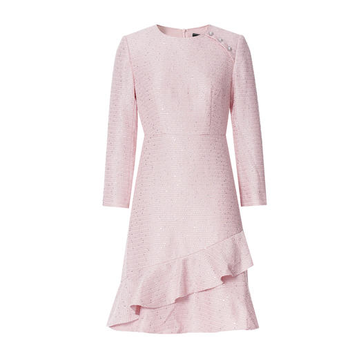 EITIE爱特爱精致粉色粗花呢荷叶裙摆圆领通勤2025秋季新款连衣裙C2507842 商品图5