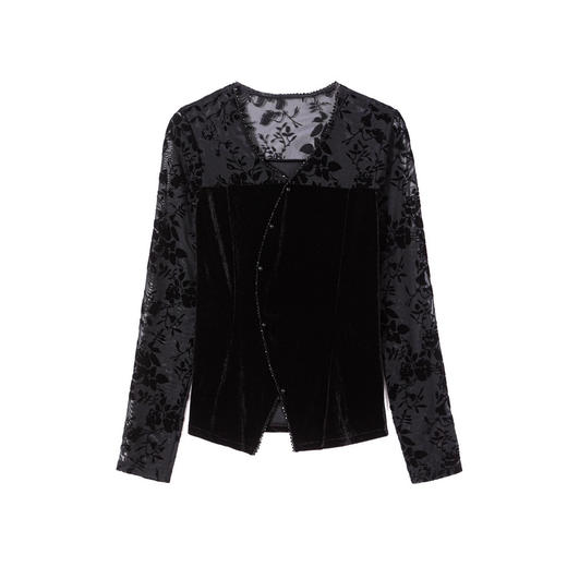 KQL E37M2920气质V领丝绒拼接植绒网纱长袖打底t恤 商品图3