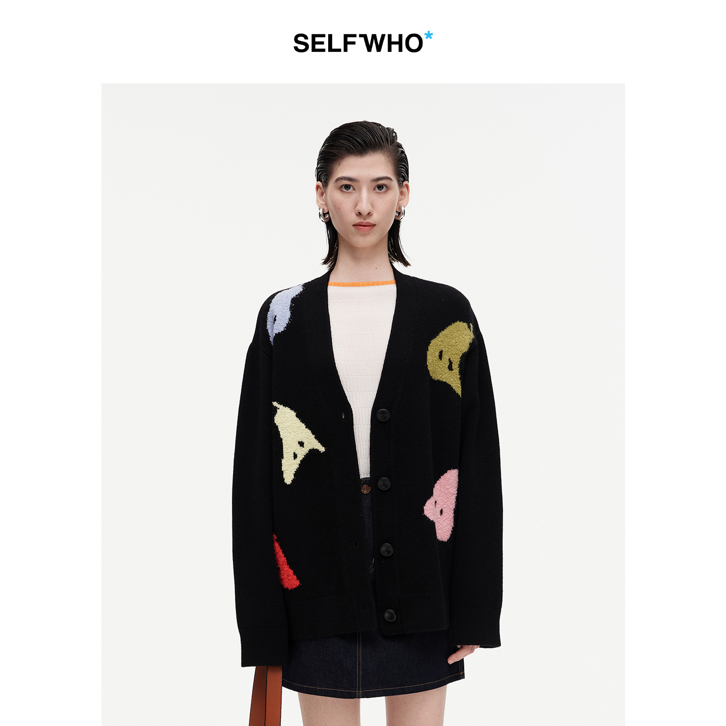 SELFWHO羊毛混纺梨子花型针织开衫女2025秋季新款V领保暖毛衣外套